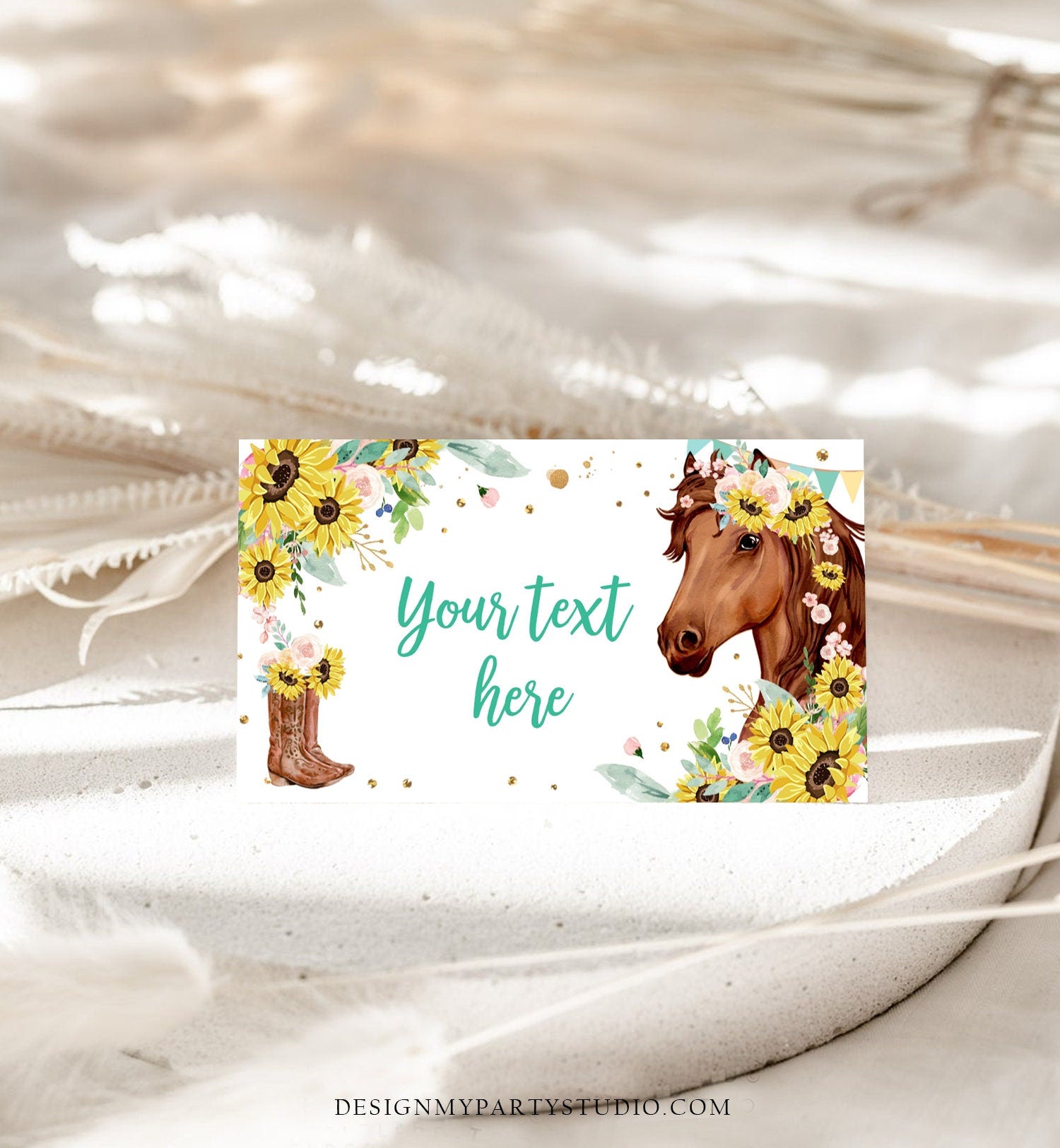 Editable Horse Birthday Food Tent Cards Horse Labels Cowgirl Party Place Card Girl Sunflowers Pony Saddle Up Digital Template Printable 0408