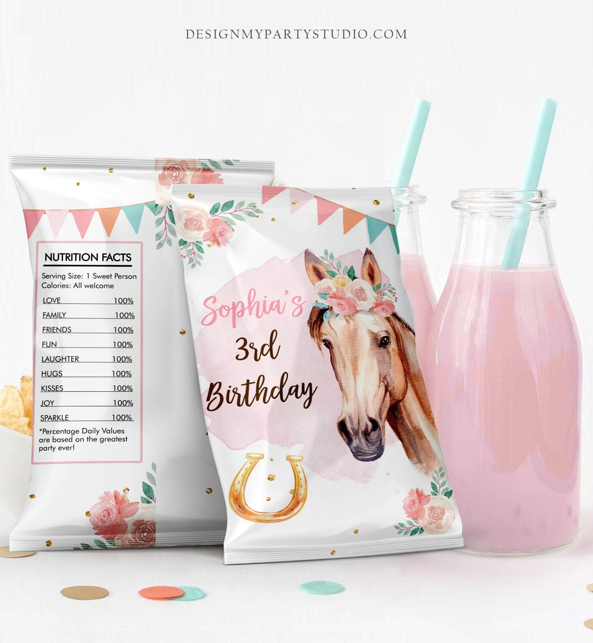 Editable Horse Birthday Chip Bag Cowgirl Party Decor Girl Pony Birthday Saddle Up Pink Floral Horse Snack Pony Favors Digital Template 0398
