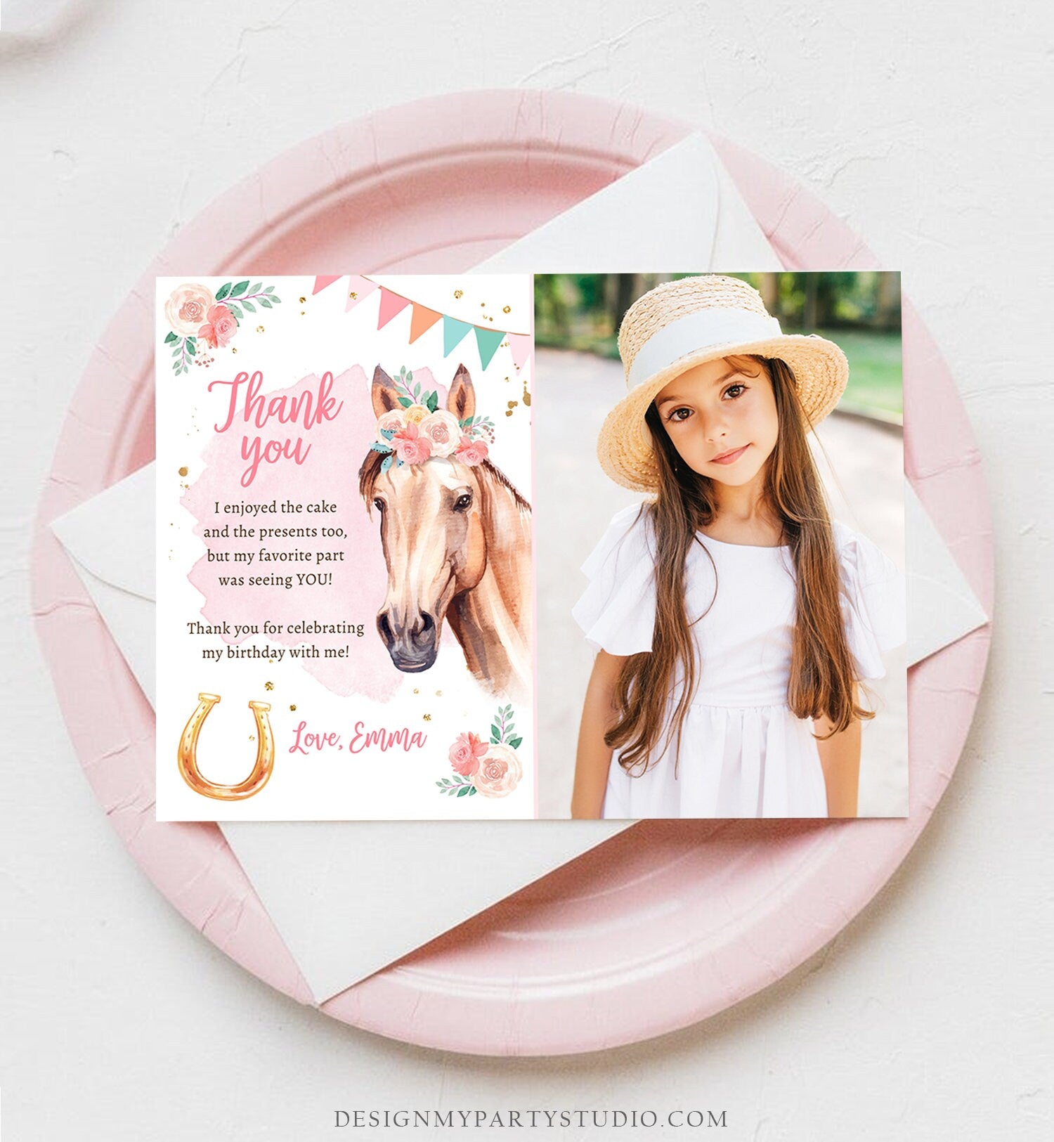 Editable Horse Thank You Card Note Girl Birthday Party Cowgirl Watercolor Pink Floral Saddle Up Download Printable Corjl Template 0398