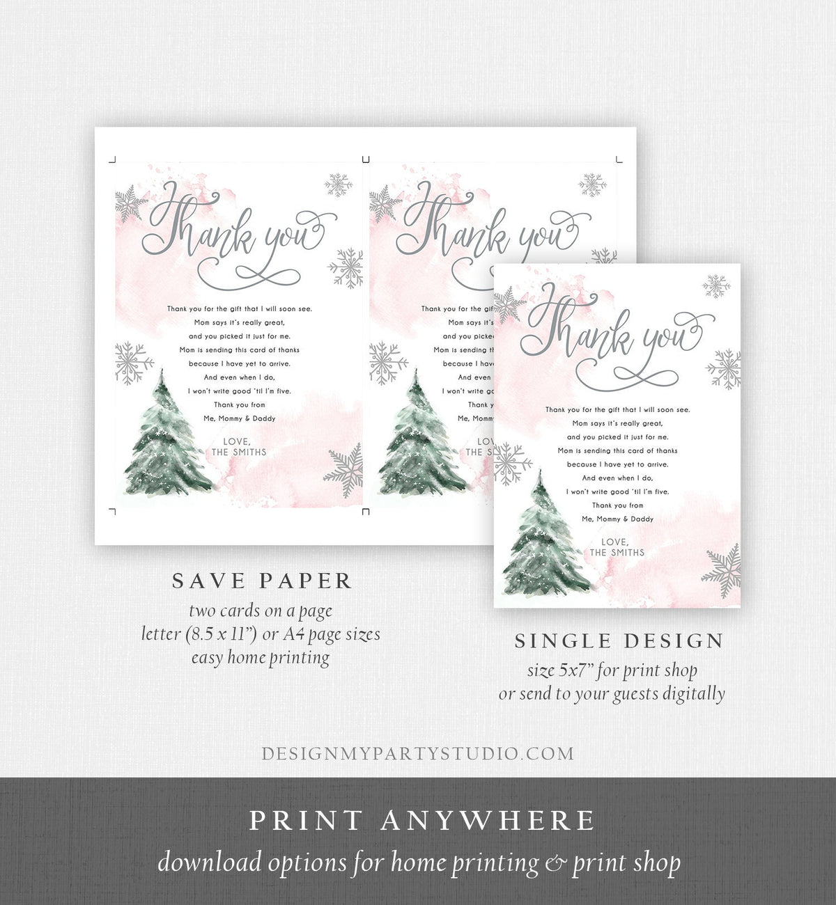 Editable Winter Tree Thank You Card Watercolor Baby Its Cold Outside Baby Shower Pink Girl Gender Neutral Snow Template Download Corjl 0363