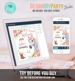 Editable Horse Birthday Welcome Sign Pony Birthday Welcome Sign Cowgirl Party Floral Girl Horse Party Download Template Corjl PRINTABLE 0408