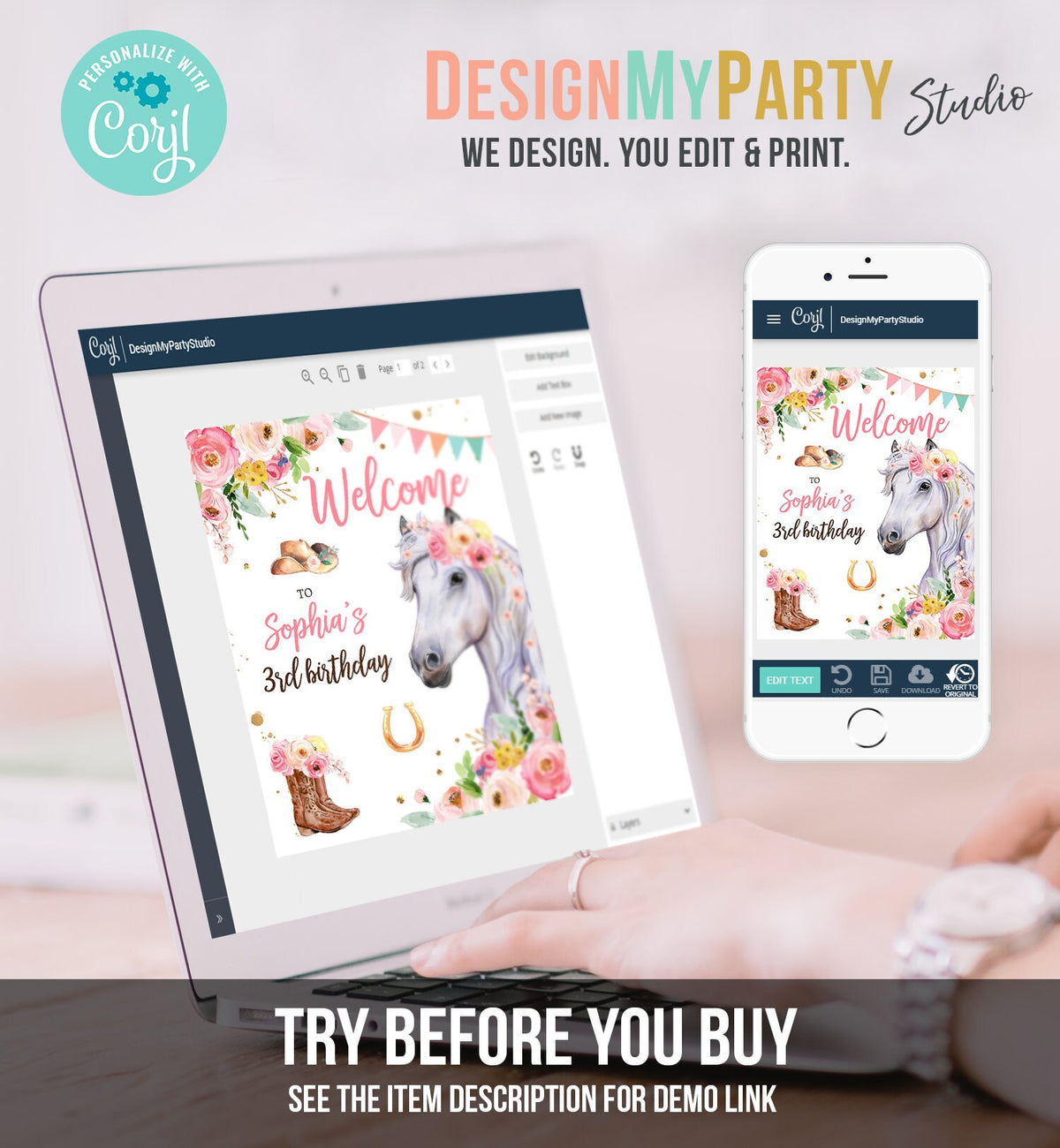 Editable Horse Birthday Welcome Sign Pony Birthday Welcome Sign Cowgirl Party Floral Girl Horse Digital Download Template Printable 0408