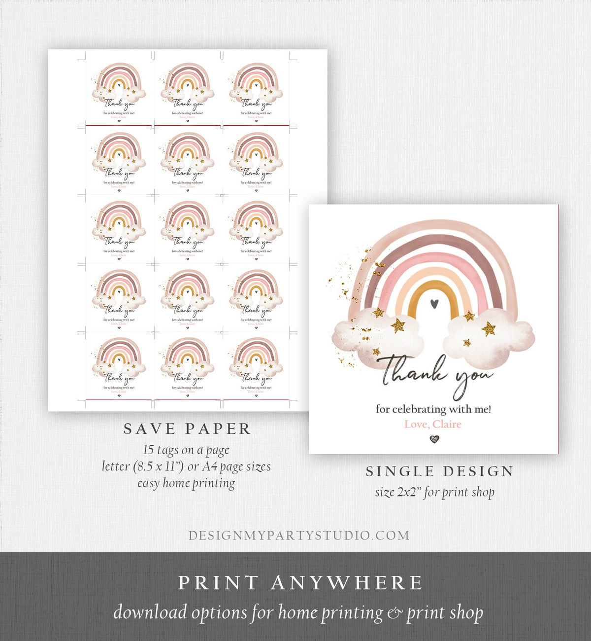 Editable Rainbow Favor Tags Rainbow Birthday Party Thank you tags Boho Rainbow Tags Bohemian Neutral Modern Digital Template Printable 0387