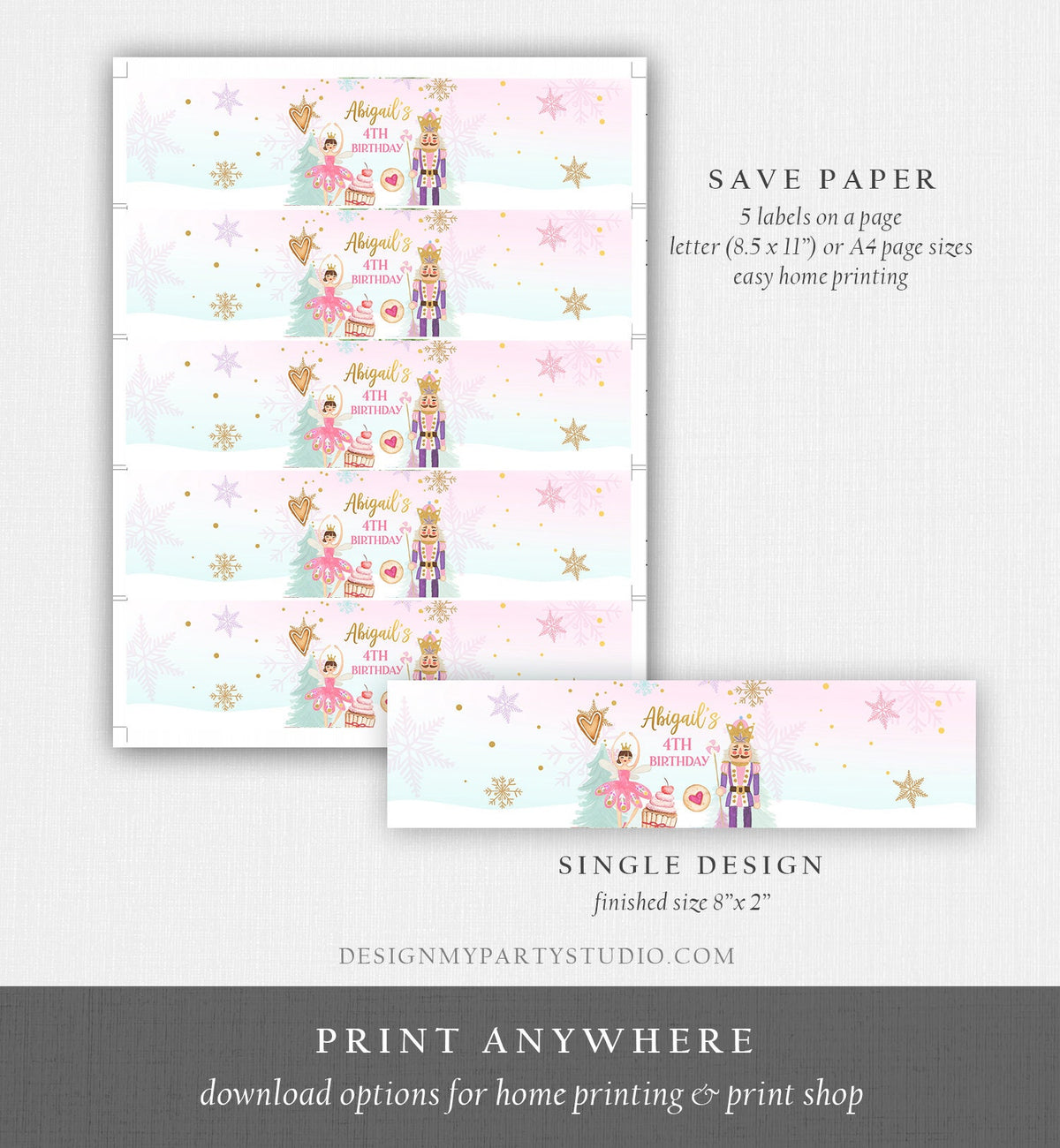 Editable Nutcracker Water Bottle Labels Nutcracker Birthday Party Girl Winter Land of Sweets Silver Digital Template Printable 0352