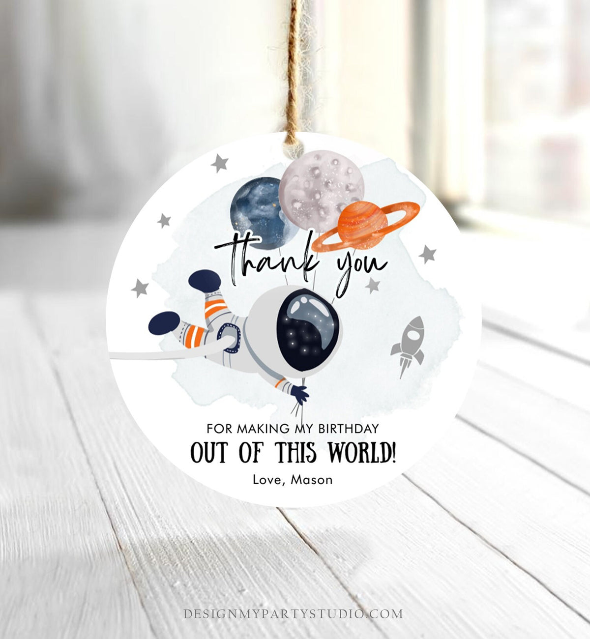 Editable Outer Space Favor Tags Astronaut Birthday Thank You Sticker Orange Gift Trip Out Of World Planets Template Corjl PRINTABLE 0366