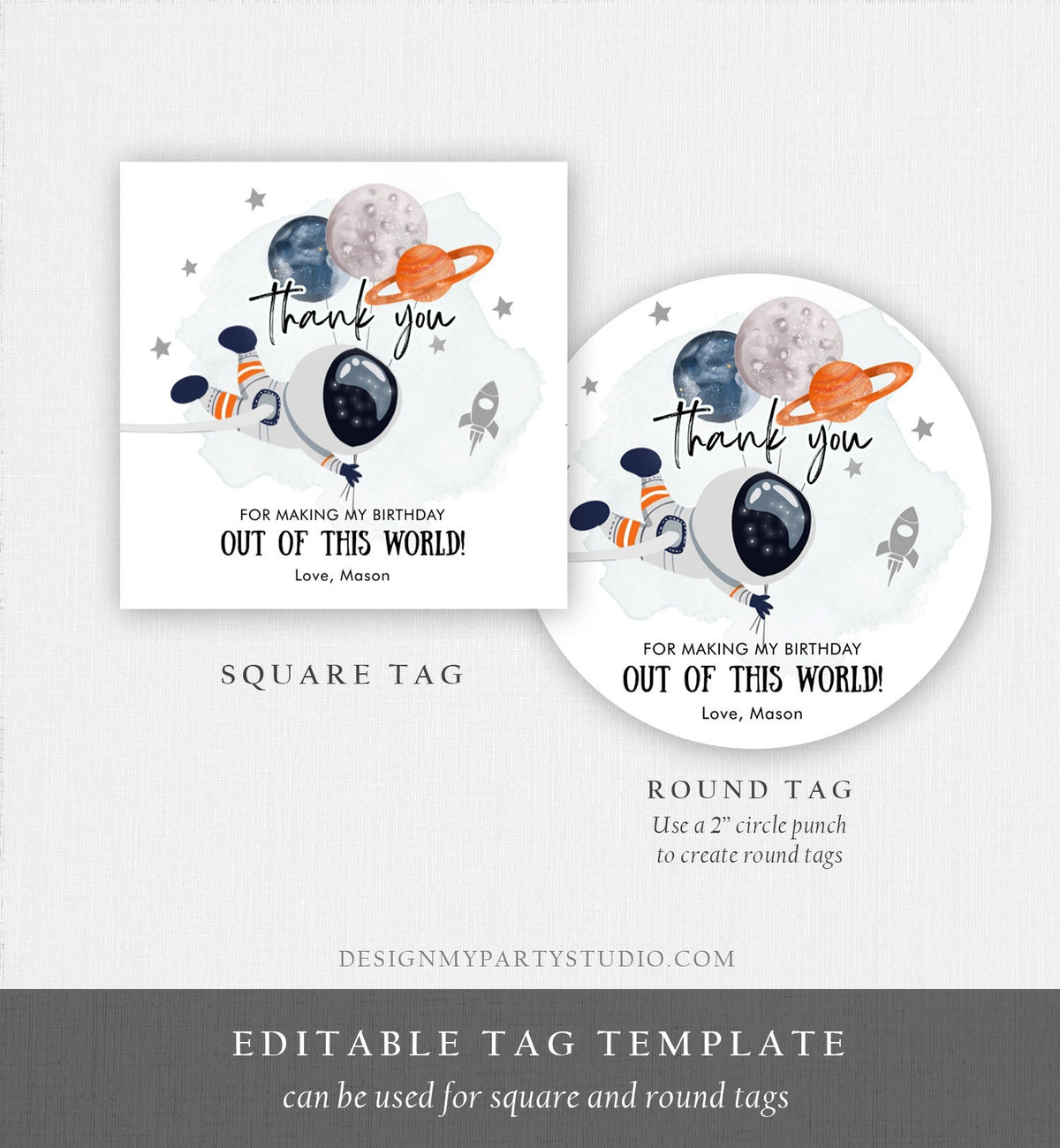 Editable Outer Space Favor Tags Astronaut Birthday Thank You Sticker Orange Gift Trip Out Of World Planets Template Corjl PRINTABLE 0366