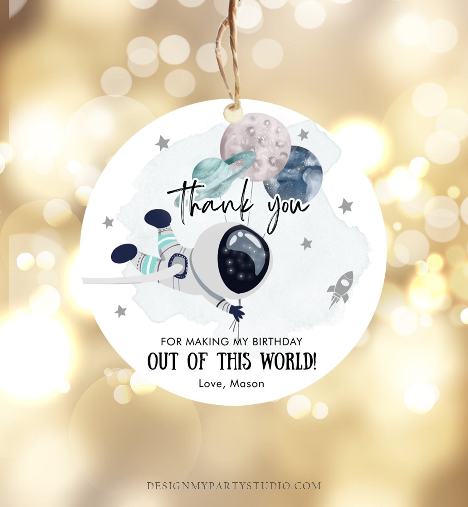 Editable Outer Space Favor Tags Astronaut Birthday Thank You Sticker Blue Boy Gift Trip Out Of World Planets Template Corjl PRINTABLE 0366