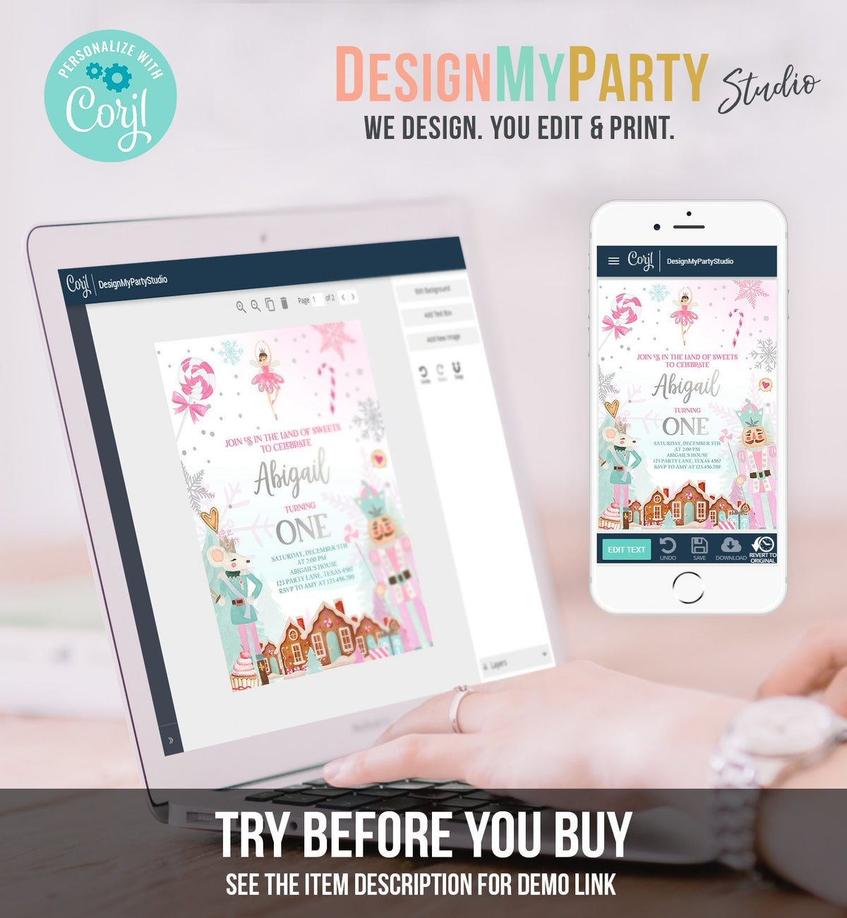 Editable Nutcracker Birthday Invitation Girl Land of Sweets Invite Winter Pink Girl Sugar Plum Fairy Digital Evite Template Printable 0352