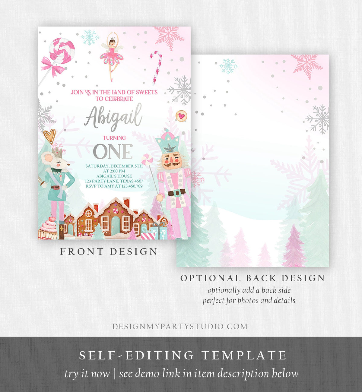 Editable Nutcracker Birthday Invitation Girl Land of Sweets Invite Winter Pink Girl Sugar Plum Fairy Digital Evite Template Printable 0352