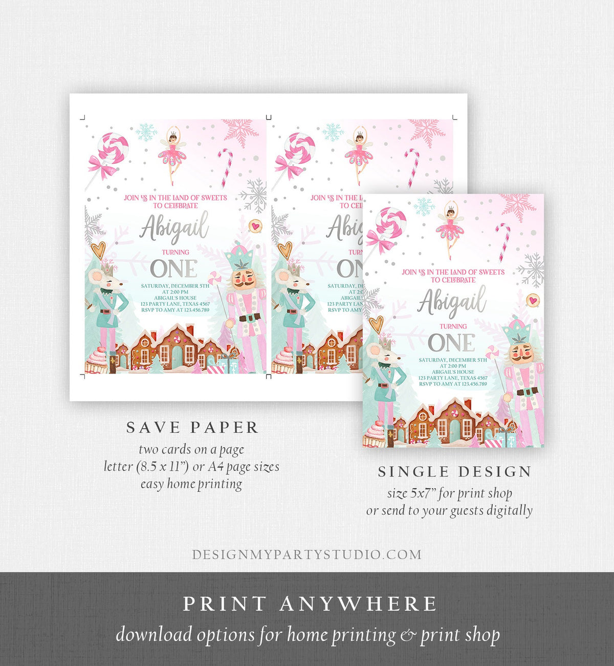 Editable Nutcracker Birthday Invitation Girl Land of Sweets Invite Winter Pink Girl Sugar Plum Fairy Digital Evite Template Printable 0352