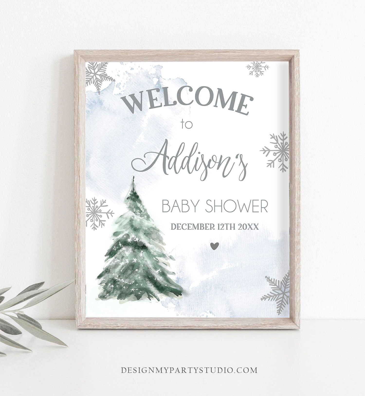 Editable Winter Tree Welcome Sign Tree Watercolor Baby Shower Boy Little Snowflake on the Way Wonderland Digital Template Printable 0363