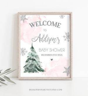 Editable Winter Tree Welcome Sign Tree Watercolor Baby Shower Girl Pink Little Snowflake on the Way Wonderland Corjl Template Printable 0363