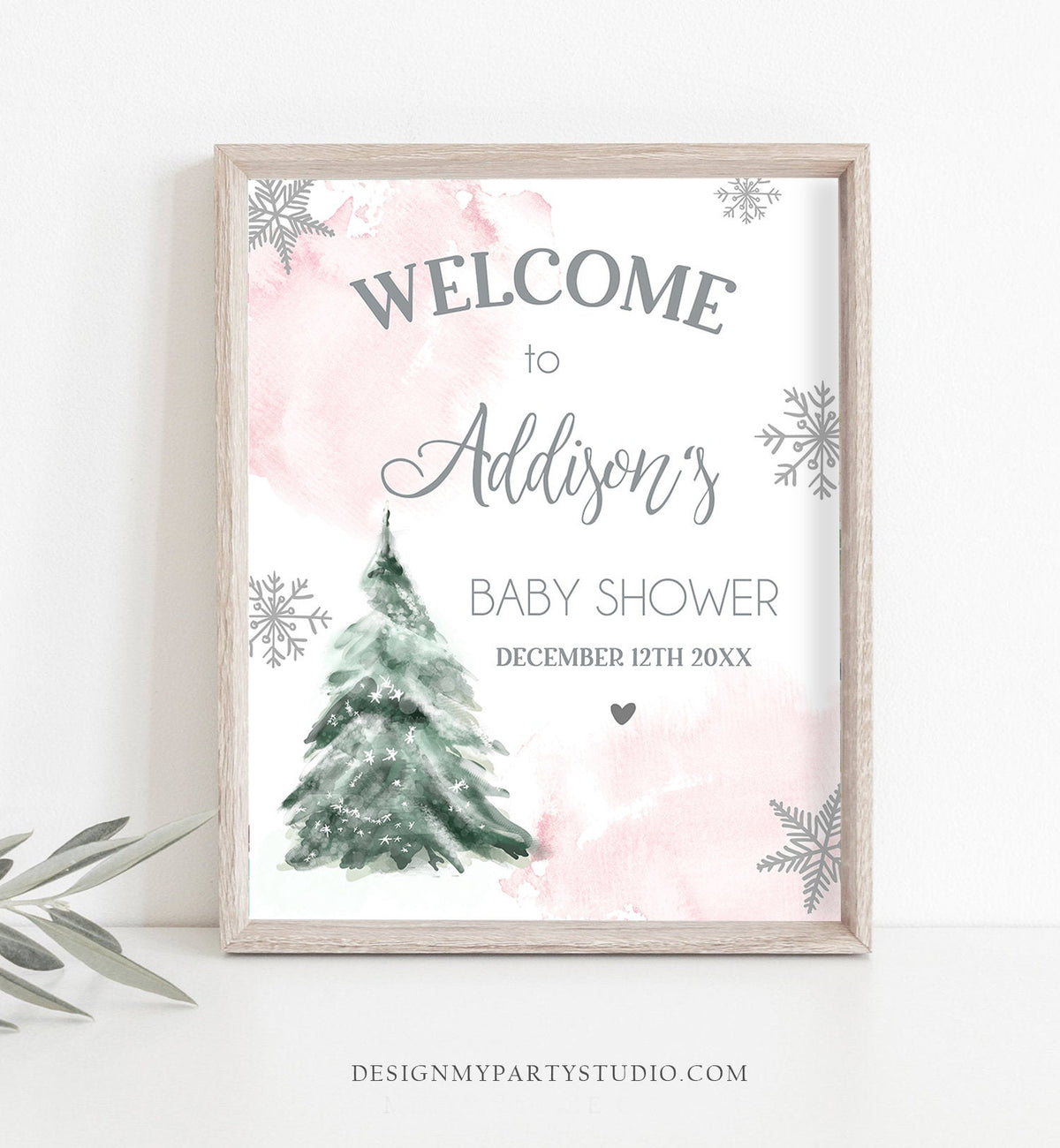 Editable Winter Tree Welcome Sign Tree Watercolor Baby Shower Girl Little Snowflake on the Way Wonderland Digital Template Printable 0363