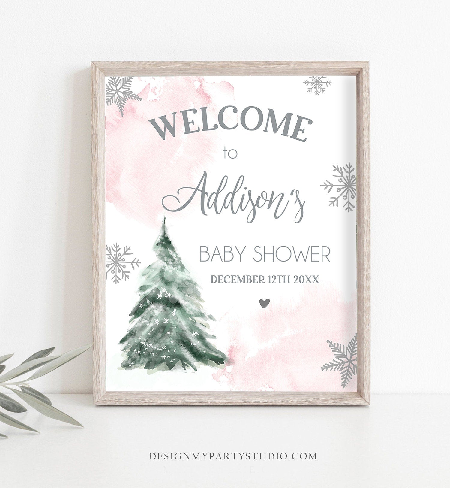 Editable Winter Tree Welcome Sign Tree Watercolor Baby Shower Girl Little Snowflake on the Way Wonderland Digital Template Printable 0363