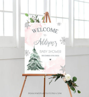 Editable Winter Tree Welcome Sign Tree Watercolor Baby Shower Girl Pink Little Snowflake on the Way Wonderland Corjl Template Printable 0363