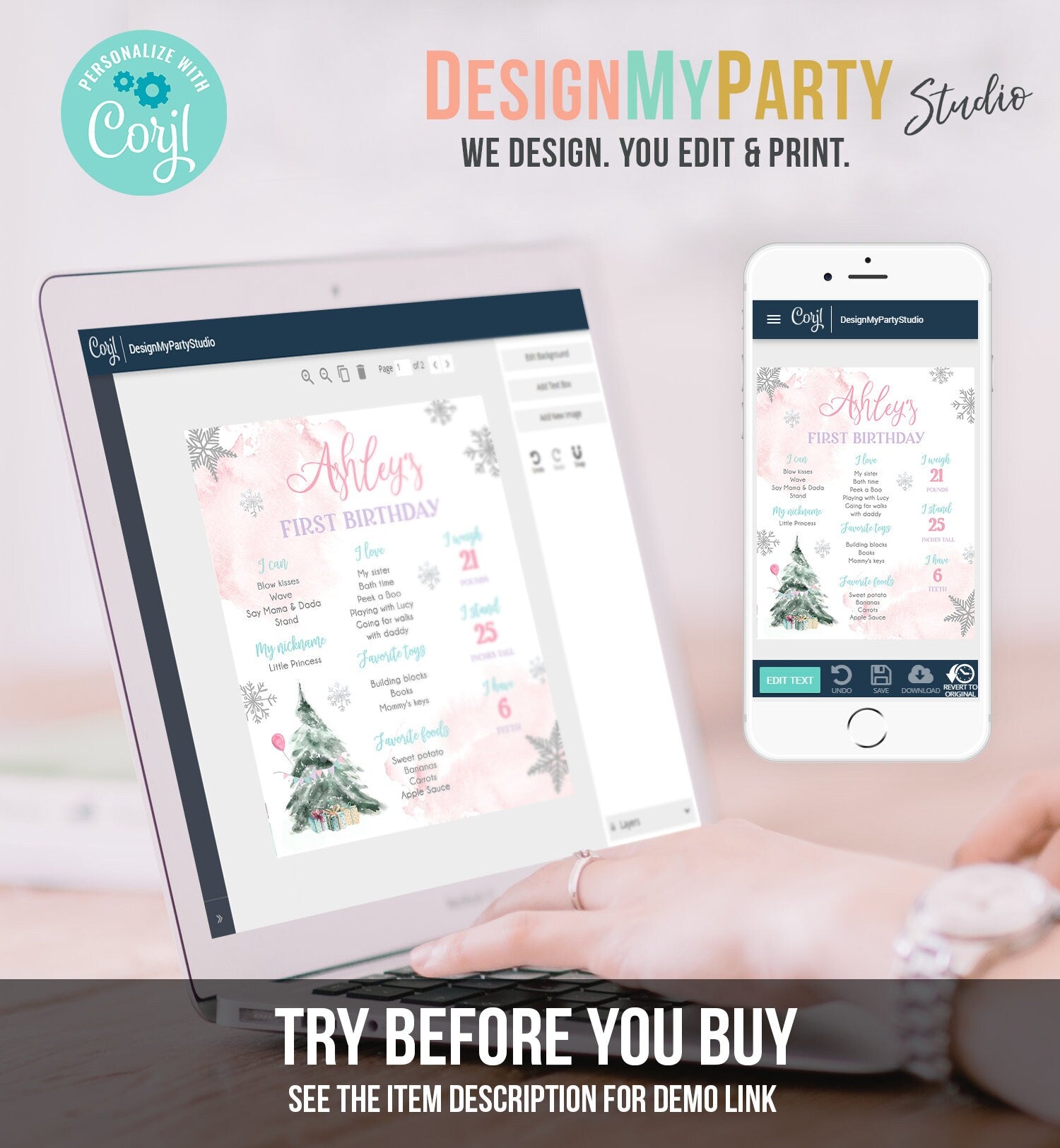 Editable Winter Tree Birthday Milestones Sign Winter Onederland Watercolor First Birthday Girl Snowflakes Digital Template Printable 0363