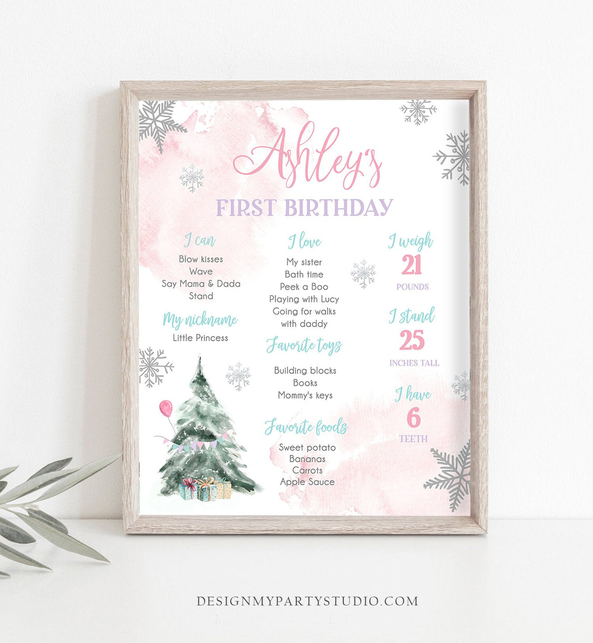 Editable Winter Tree Birthday Milestones Sign Winter Onederland Watercolor First Birthday Girl Snowflakes Digital Template Printable 0363