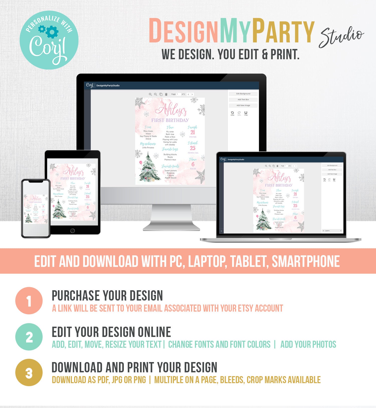 Editable Winter Tree Birthday Milestones Sign Winter Onederland Watercolor First Birthday Girl Snowflakes Digital Template Printable 0363