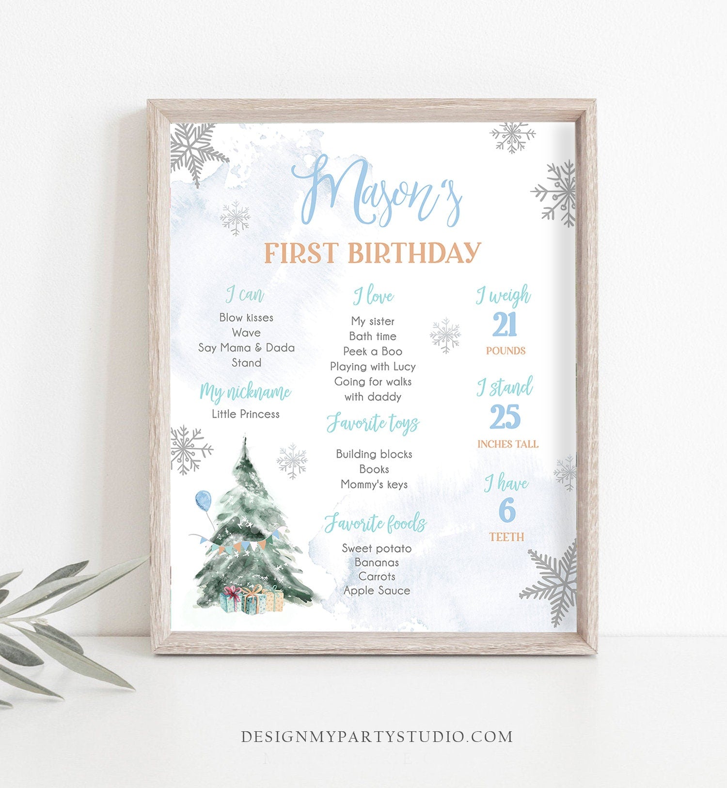 Editable Winter Tree Birthday Milestones Sign Onederland Watercolor First Birthday Blue Boy Snowflakes Digital Template Printable 0363