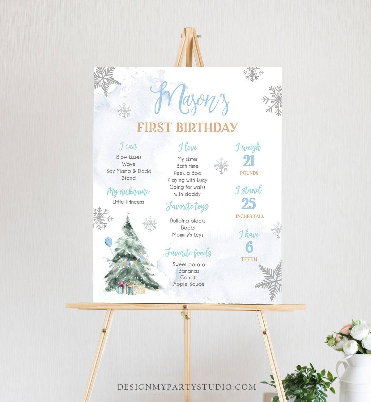 Editable Winter Tree Birthday Milestones Sign Onederland Watercolor First Birthday Blue Boy Snowflakes Digital Template Printable 0363