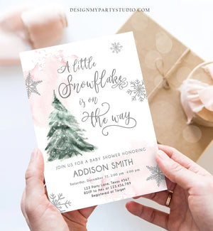 Editable A Little Snowflake is on the Way Baby Shower Invitation Winter Girl Blush Pink Snow Watercolor Tree Download Corjl Template 0363