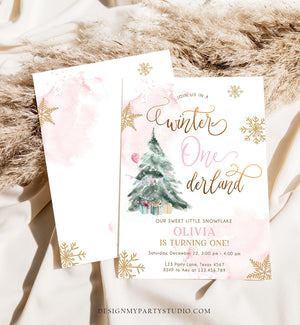Editable Winter ONEderland Birthday Invitation First Birthday 1st Girl Pink Gold Watercolor Tree Christmas Snowflake Corjl Template 0363