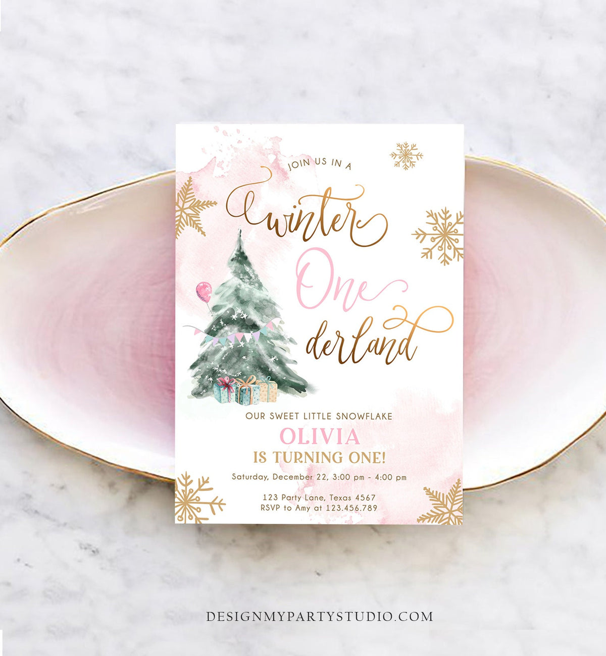 Editable Winter ONEderland Birthday Invitation First Birthday 1st Girl Pink Gold Watercolor Tree Christmas Snowflake Corjl Template 0363