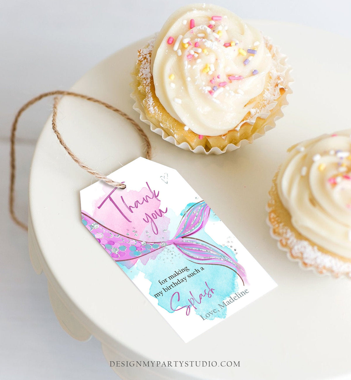 Editable Mermaid Birthday Favor Tags Under The Sea Thank You Mermaid Party Girl Pink Purple Silver Download Template Corjl PRINTABLE 0403