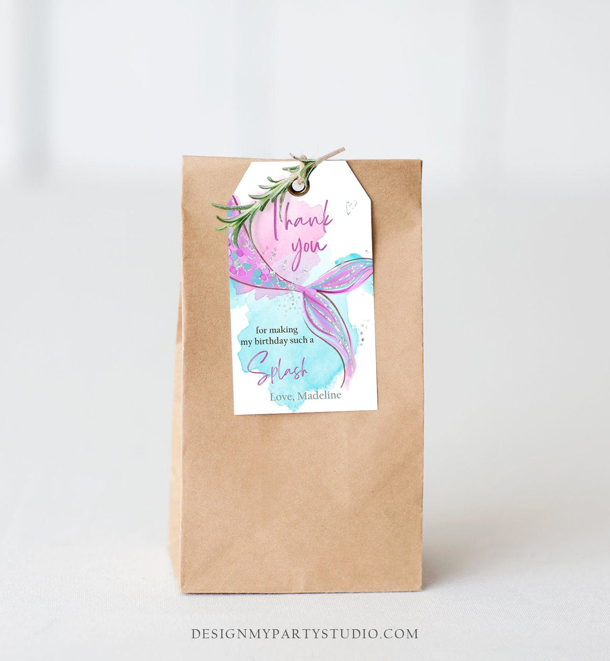 Editable Mermaid Birthday Favor Tags Under The Sea Thank You Mermaid Party Girl Pink Purple Silver Download Template Corjl PRINTABLE 0403