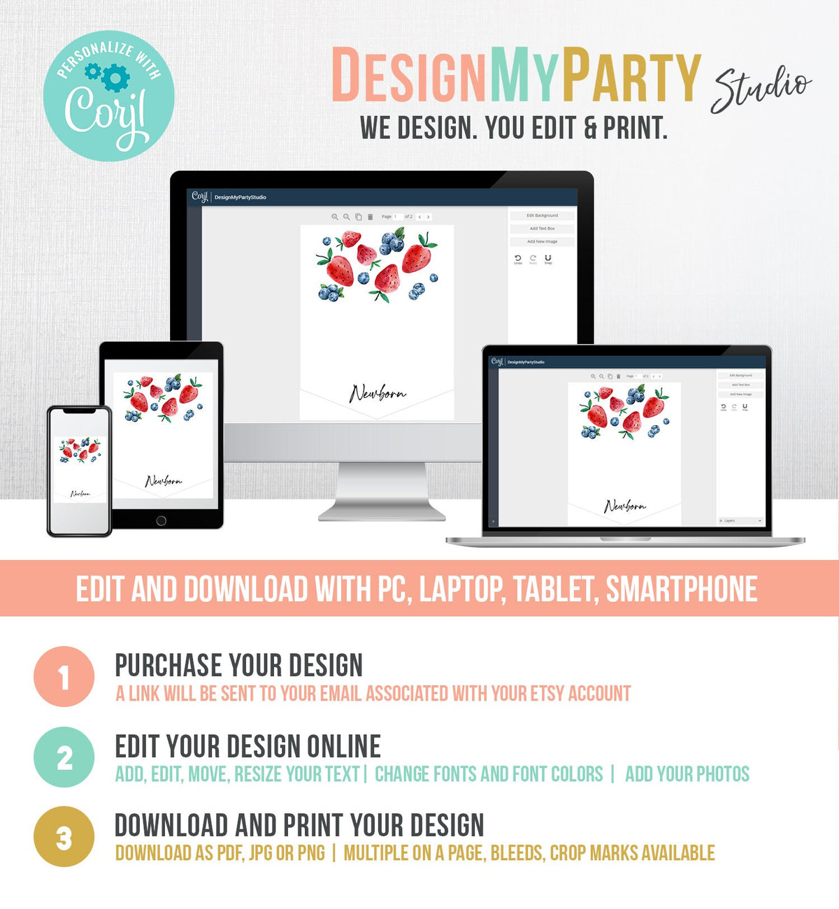 Editable Strawberry First Birthday Monthly Photo Banner Blueberry First Birthday Farmers Market Fruit Corjl Download Template Printable 0399