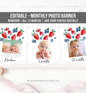 Editable Strawberry First Birthday Monthly Photo Banner Blueberry First Birthday Farmers Market Fruit Corjl Download Template Printable 0399