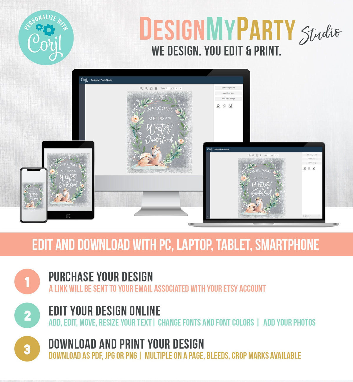 Editable Winter Deer Birthday Welcome Sign Winter Onederland Girl Pink Gold Christmas Snow Party Holiday Digital Template Printable 0265