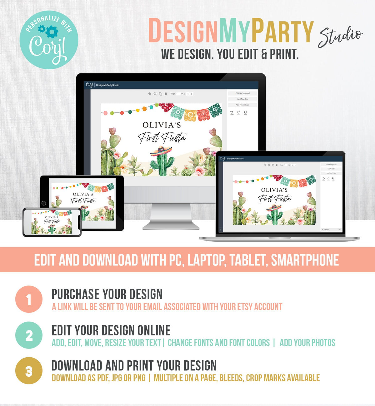 Editable First Fiesta Birthday Backdrop Banner Mexican Cactus Succulent Desert Floral Girl Shower Digital Download Template Printable 0404