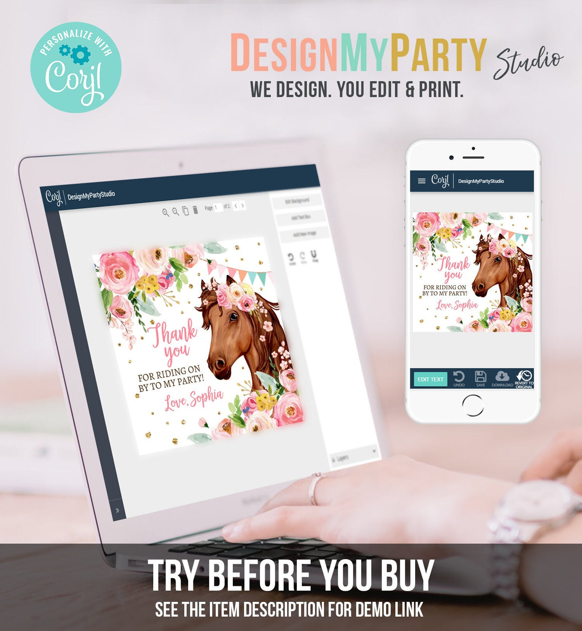Editable Cowgirl Favor Tags Tags Horse Birthday Party Favor Thank you Sticker Girl Horse Party Floral Download Template PRINTABLE Corjl 0408