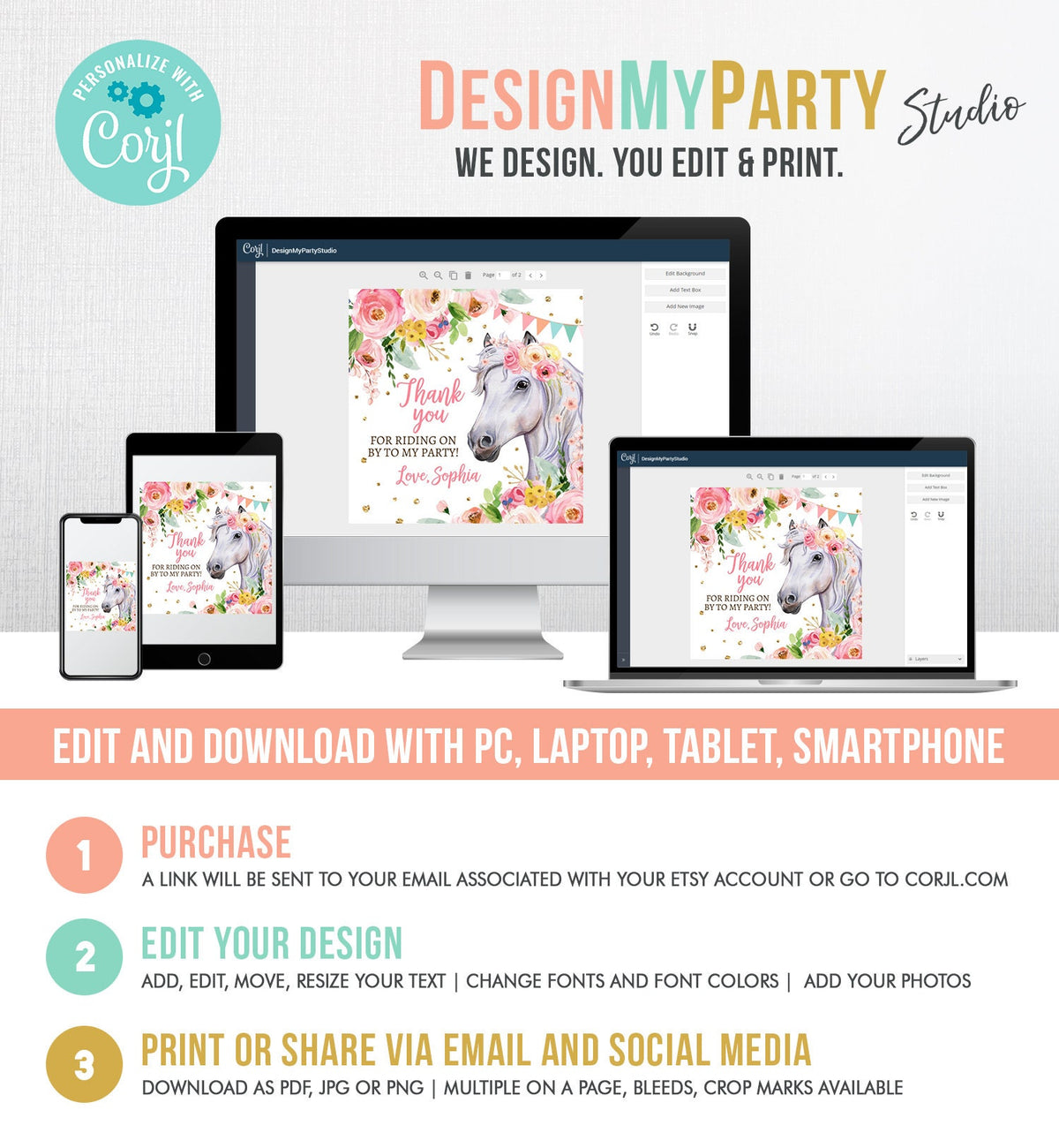 Editable Cowgirl Favor Tags Tags Horse Birthday Party Favor Thank you Sticker Girl Horse Party Floral Download Template PRINTABLE Corjl 0408