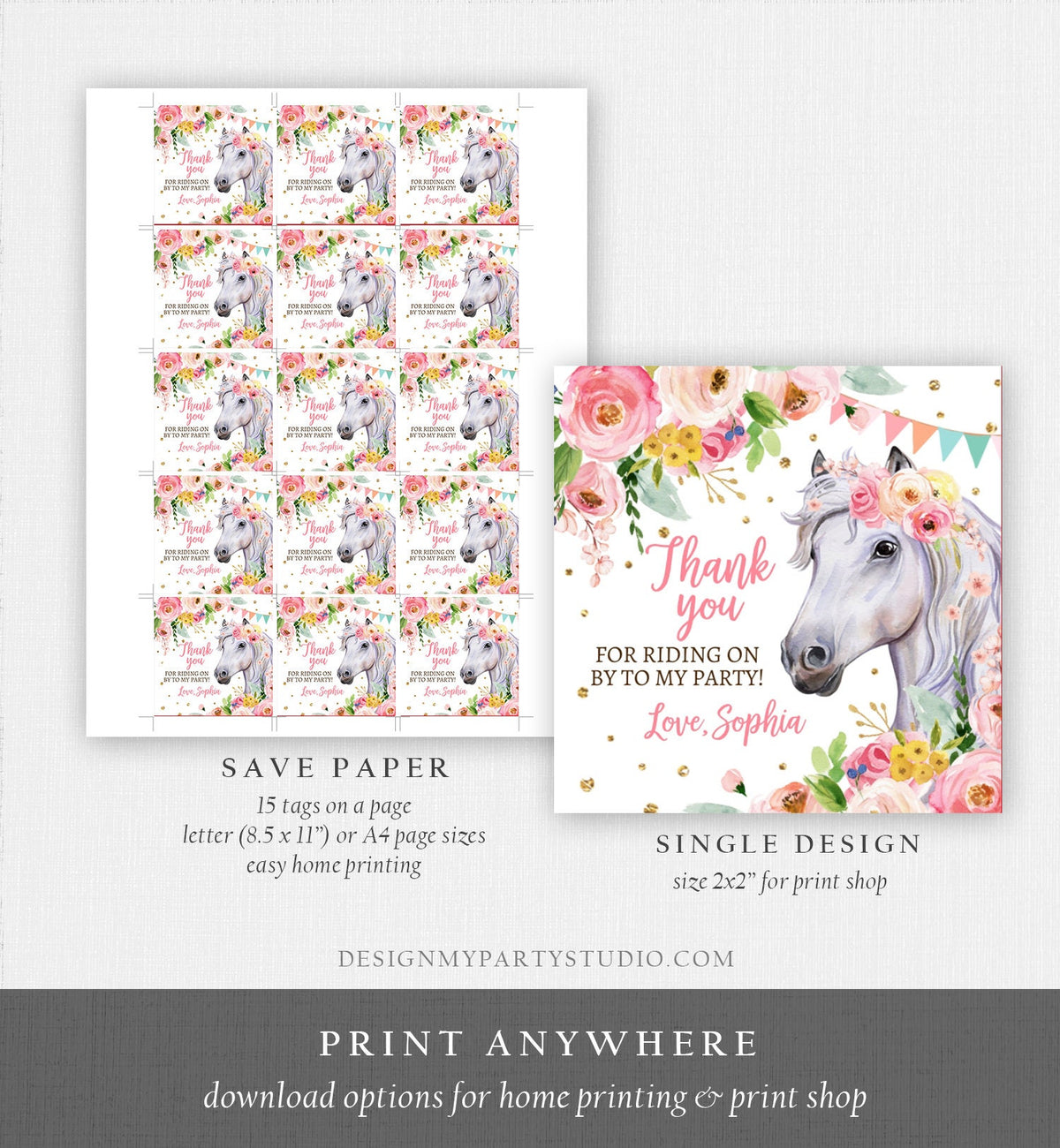 Editable Cowgirl Favor Tags Tags Horse Birthday Party Favor Thank you Sticker Girl Horse Party Floral Download Template PRINTABLE Corjl 0408