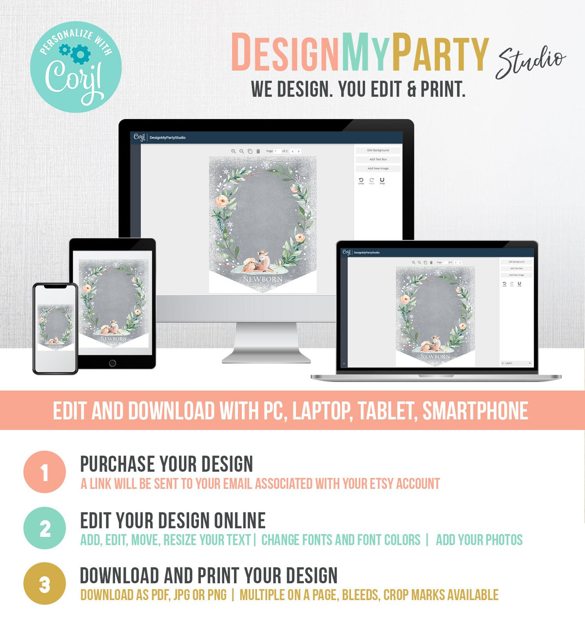 Editable Winter Onederland Deer First Birthday Banner Monthly Photo Banner Girl Pink Floral Winter 1st Snow Digital Template Printable 0265