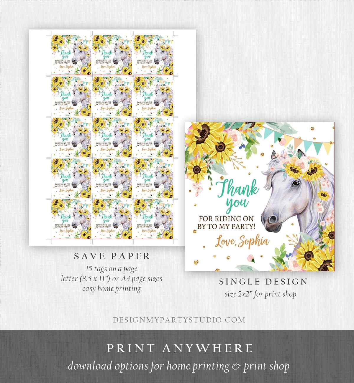 Editable Cowgirl Favor Tags Tags Horse Birthday Party Favor Thank you Sticker Girl Horse Sunflowers Download Template PRINTABLE Corjl 0408