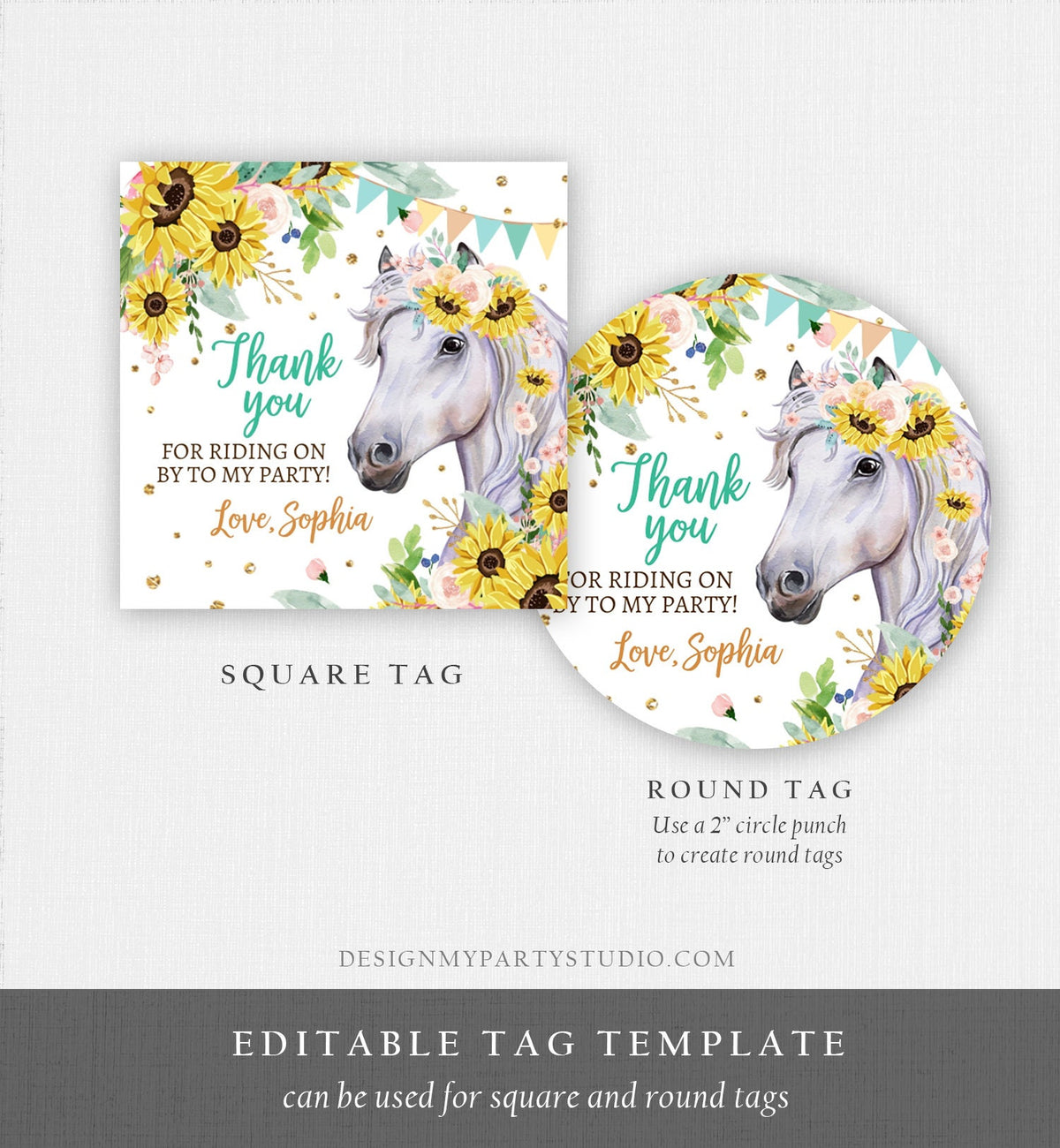 Editable Cowgirl Favor Tags Tags Horse Birthday Party Favor Thank you Sticker Girl Horse Sunflowers Download Template PRINTABLE Corjl 0408