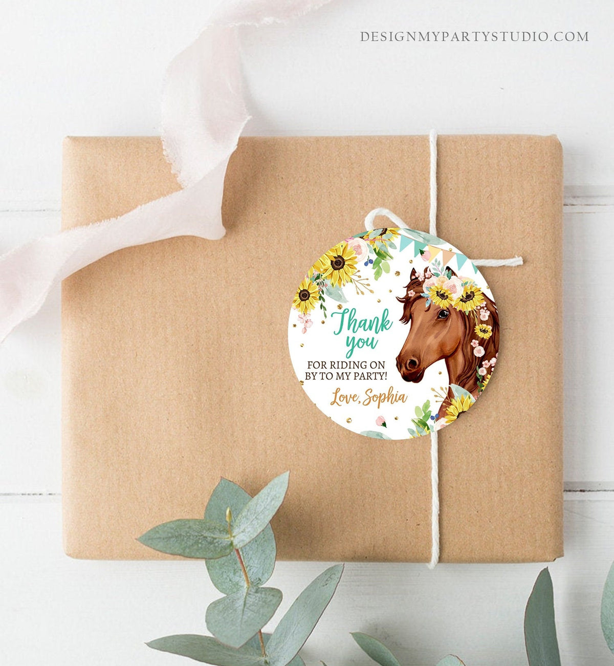 Editable Cowgirl Favor Tags Tags Horse Birthday Party Favor Thank you Sticker Girl Horse Sunflowers Download Template PRINTABLE Corjl 0408