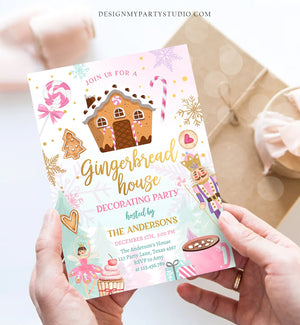 Editable Gingerbread House Decorating Party Invitation Land of Sweets Pink Gold Cookie Decorating Download Printable Template Corjl 0352