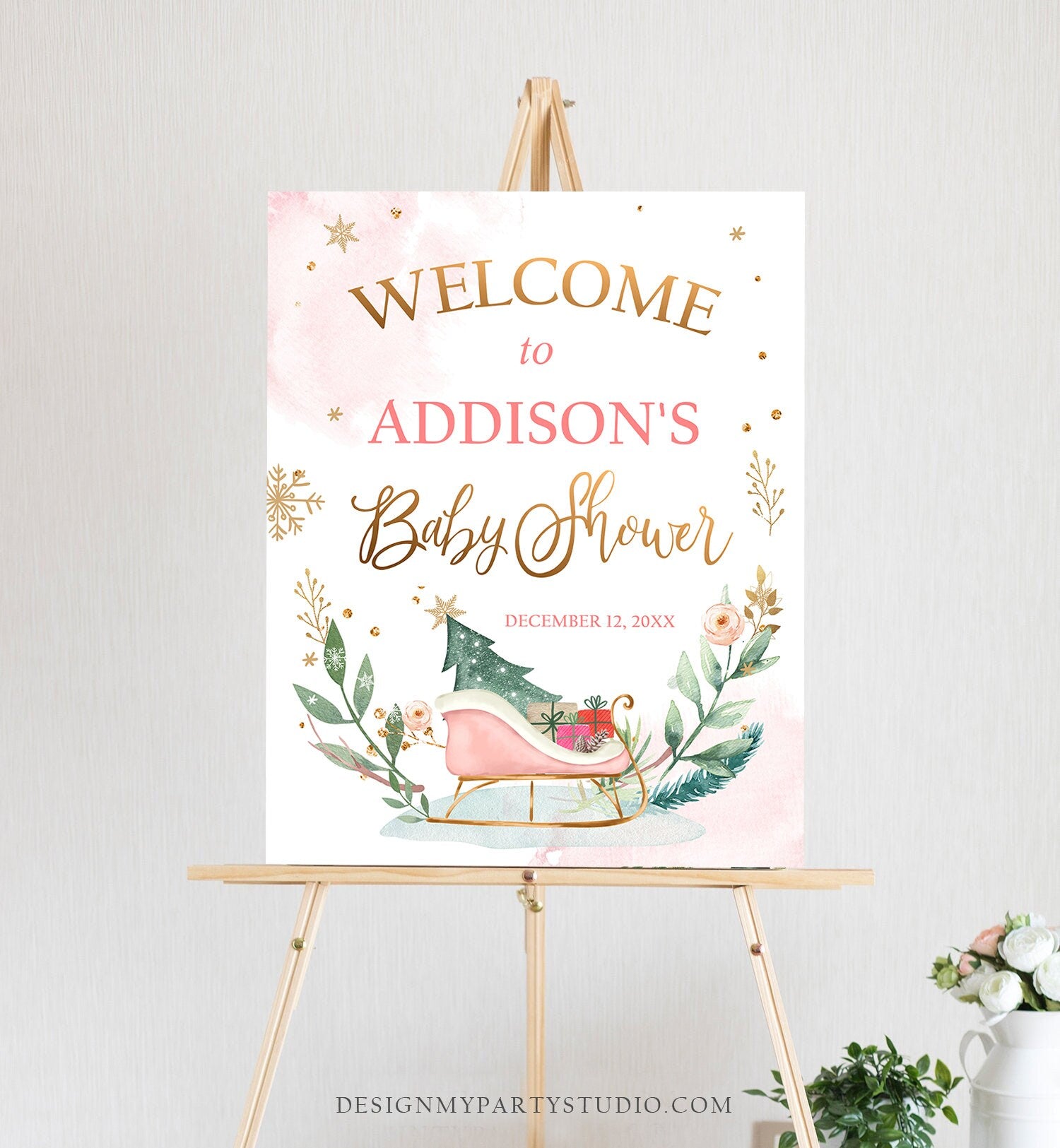 Editable Winter Baby Shower Welcome Sign Sleigh Baby Its Cold Outside Girl Pink Gold Christmas Digital Download Template Printable 0353