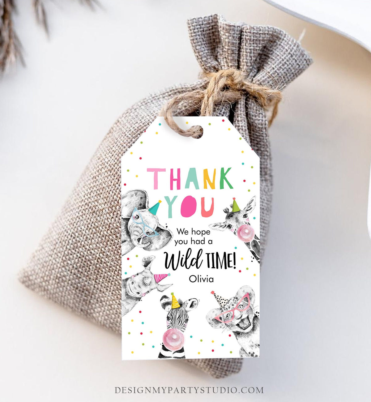 Editable Party Animals Favor Tags Wild One Animals Thank You Tags Safari Zoo Girl Birthday Wild Time Gift Tag Digital Corjl Template 0390
