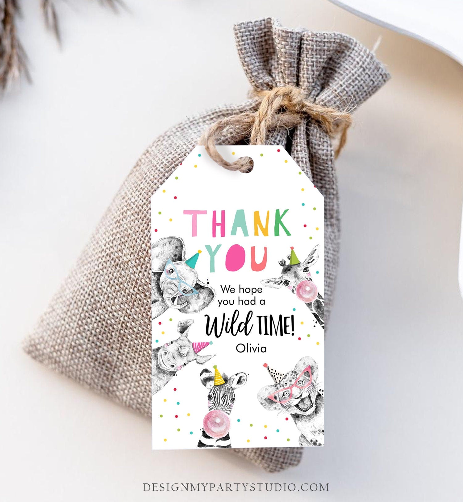 Editable Party Animals Favor Tags Wild One Animals Thank You Tags Safari Zoo Girl Birthday Wild Time Gift Tag Digital Corjl Template 0390