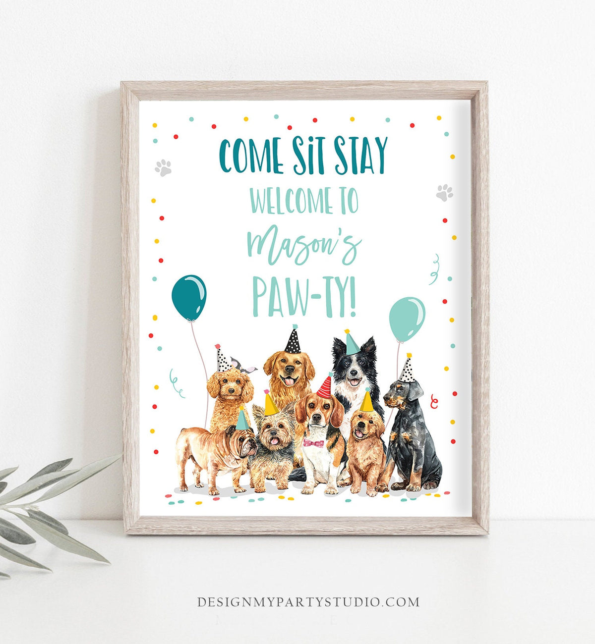 Editable Puppy Dog Birthday Party Welcome Sign Puppy Birthday Blue Pet Dog Come Sit Stay Paw-ty Boy Digital Download Template Printable 0384