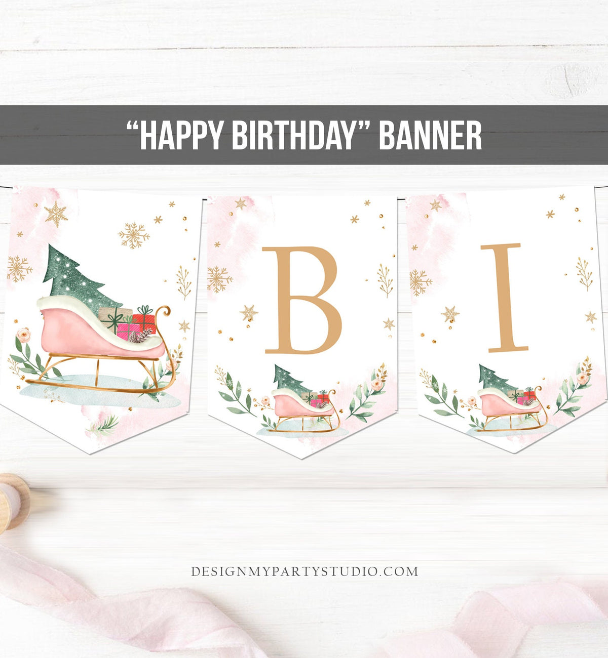 Happy Birthday Banner Winter Birthday Girl Winter Onederland Decorations Magical Winter Christmas Sleigh Digital Download Printable 0353