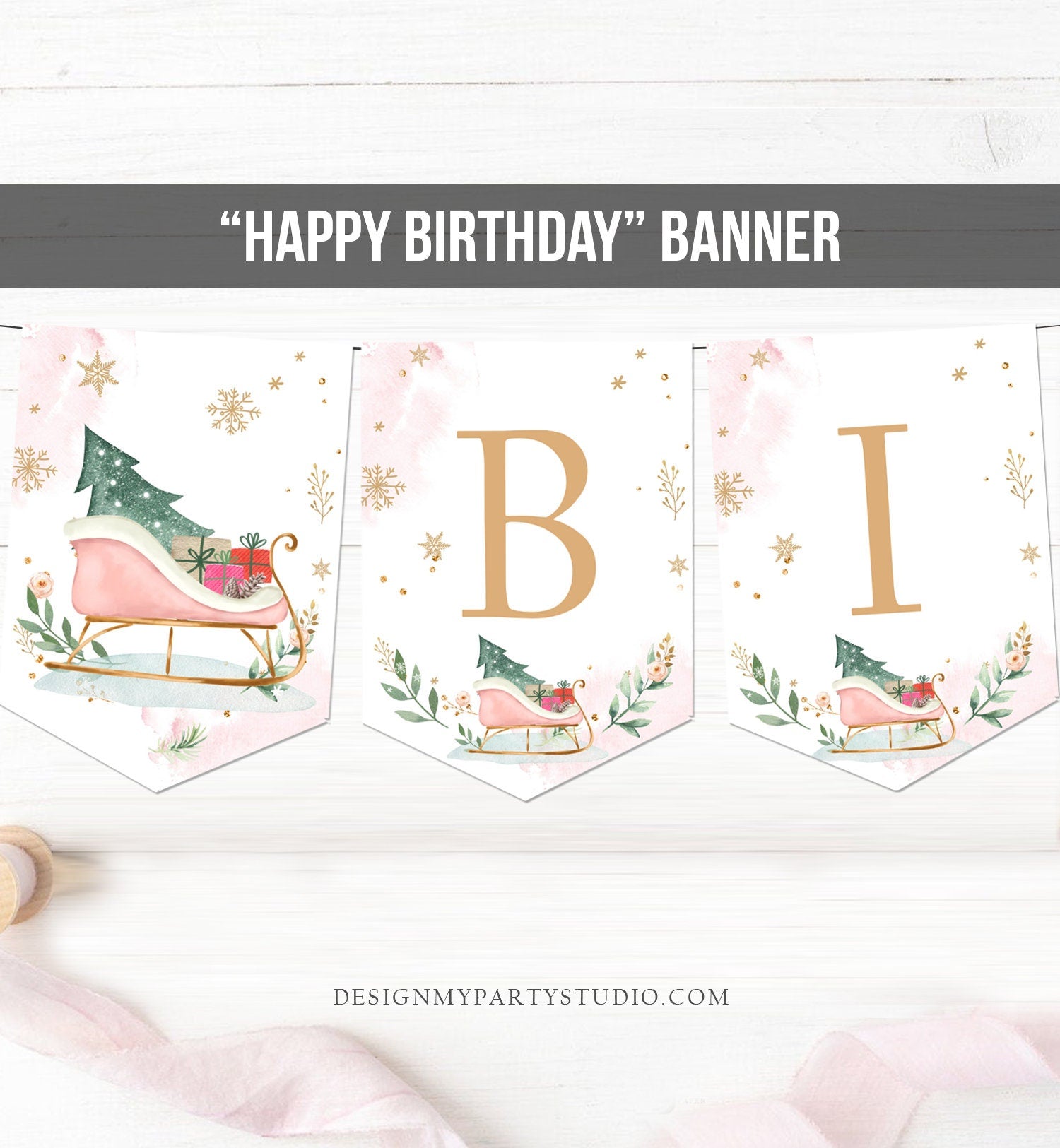 Happy Birthday Banner Winter Birthday Girl Winter Onederland Decorations Magical Winter Christmas Sleigh Digital Download Printable 0353