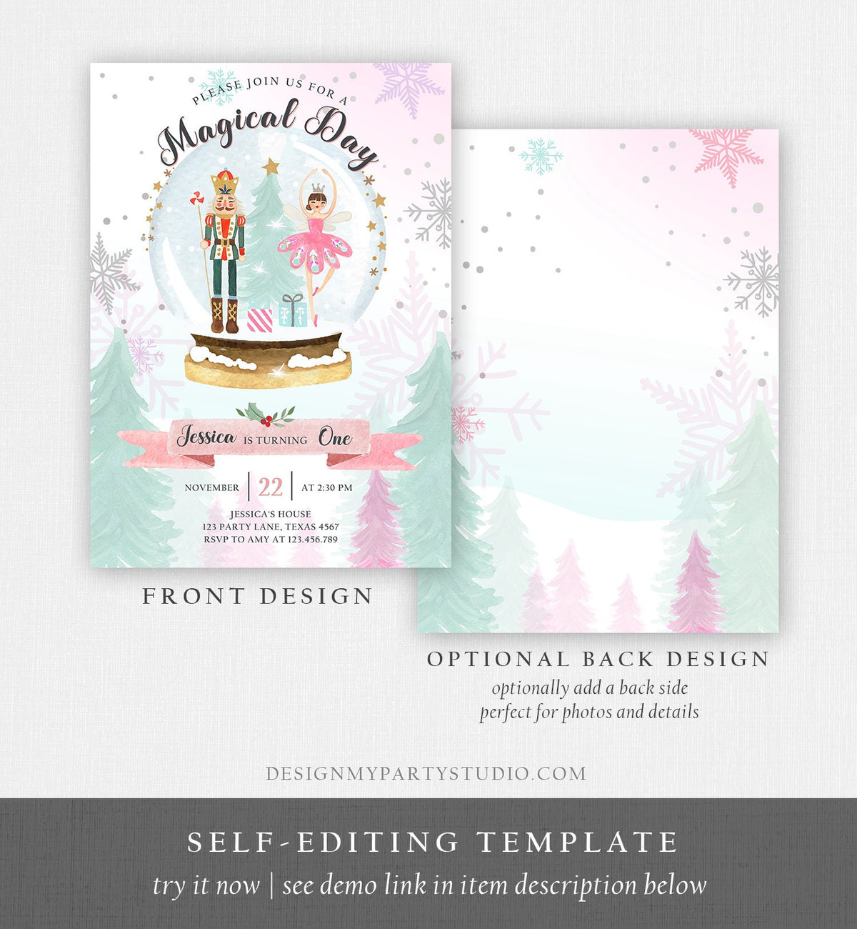 Editable Nutcracker Birthday Invitation Girl Land of Sweets Winter Pink Girl Sugar Plum Fairy Digital Download Template Printable 0352