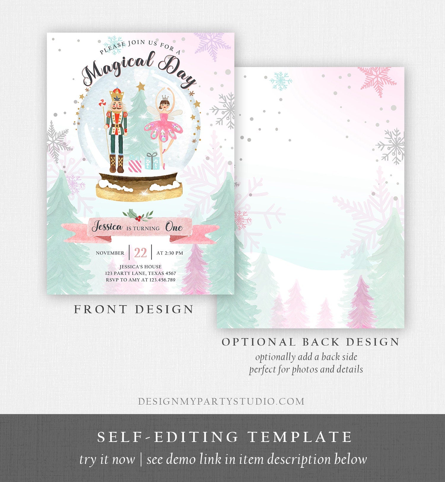 Editable Nutcracker Birthday Invitation Girl Land of Sweets Winter Pink Girl Sugar Plum Fairy Digital Download Template Printable 0352