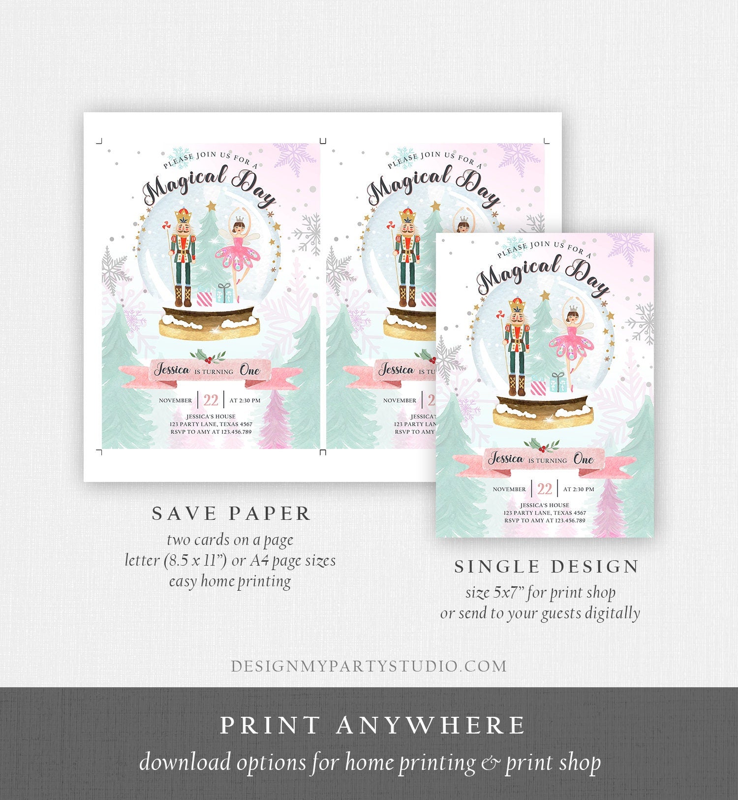 Editable Nutcracker Birthday Invitation Girl Land of Sweets Winter Pink Girl Sugar Plum Fairy Digital Download Template Printable 0352